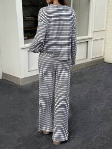 Women's Striped Lapel Fashion Knit Loose Long Sleeve Top & Casual Pants Set - Mauve Purple - View 4