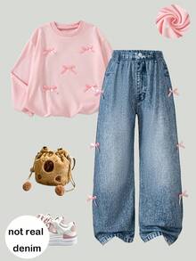 Girls' Casual Fashion Solid Color Bow Ribbon Design Round Neck Drop Shoulder Long Sleeve Top And Straight Leg Pants 2-Piece Set, Spring/Autumn - Pink - View 2