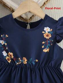 Girls' Summer Back To School Fashion Minimalist Navy Blue Printed Dress, Flowy Ruffle Sleeve Style, Suitable For School, Daily And Outdoor Wear - Navy Blue - View 4