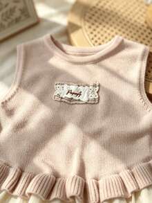 WUHUANG YIYI Flickors stickad väst i mjuk stil med enfärgad mesh, patchworkfåll, sidobåtar, broderad applikation, mångsidig för utflykter, sommar och höst - Babyrosa - Visa 3