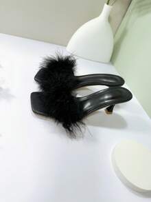 Fashionable Women's High Heel Sandals, High-End Fluffy Faux Feather-Like Elegant Toe Design, Casual Slip-On Half-Back Sandals - Black - View 7