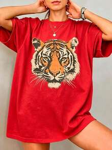 Vintage Tiger Tee - Retro Animal  T-Shirt, 90s Animal Gift For Tiger Lover, Wild Cat Shirt, JungleTiger Graphic Tee220G Heavyweight1830% CottonT-Shirt - 紅色2 - 查看 1