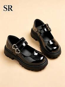 Girls' Shiny Thick Sole Mary Jane Shoes, Heart Buckle Double Strap Fashion Shoes, Suitable For Daily And School Wear, School Essential - Black - View 3