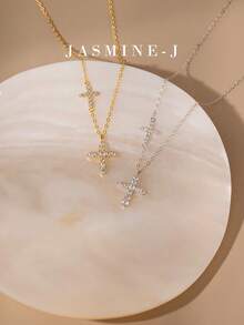 1pc S925 Sterling Silver Full Rhinestone Double Cross Necklace, Pure Silver Plated 14K Gold Women's Jewelry Layered Necklace, Full Rhinestone Cross Necklace, Double Cross Necklace, Unique Design, Simple And Versatile, Suitable For Women's Daily/Party Wear - Multicolor - View 3