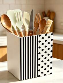 1pc Striped & Polka Dot Patchwork Pattern Multi-Function Storage Organizer Box - Tableware Storage Box, Desktop Organizer (Suitable For Storing Tableware, Straws, Tea Bags, Pens, Remote Controls); Compact & Space-Saving, Suitable For Kitchen, Office, Living Room - Multicolor - View 1