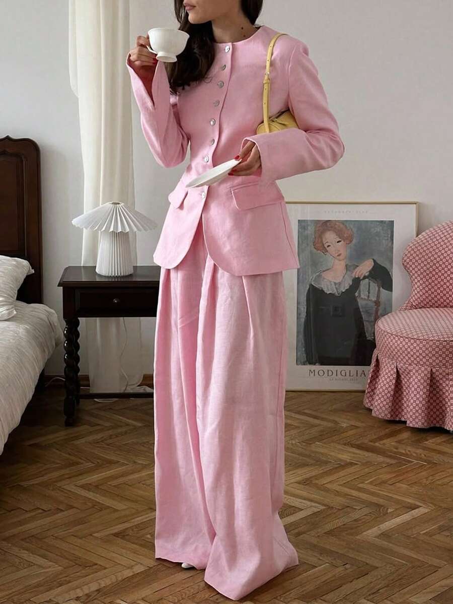 Casual Elegant Women's Pink Non-Stretch Button-Front Cardigan And Matching Wide-Leg Pants 2 Pieces Set - Pink - View 1