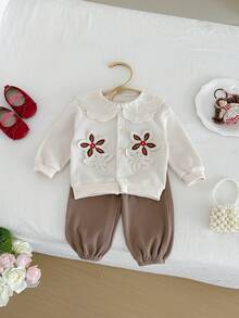 Miniweenns 2pcs/Set Baju Bayi Perempuan Musim Semi/Musim Gugur Rajut Kasual Motif Wafel Warna Kontras Kerah Renda Dekorasi Bunga 3D + Celana Panjang Manset - MultiWarna - View 12