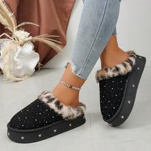 Leopard Print Faux Fur Trim Closed Toe Slippers For Women, Autumn/Winter Outdoor Wear, Starry Rhinestone Thick Sole Thermal Lined Warm Slippers - Black - View 6