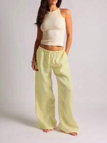 Women's Casual Comfortable Versatile Linen Loose Flowy Wide Leg Pants, Effortless Style - Light Yellow - View 11