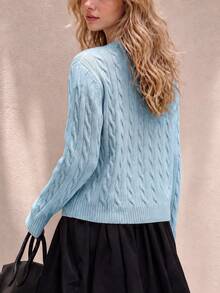 Women's Winter Casual Minimalist V-Neck Pullover Sweater With Retro Argyle Pattern - Baby Blue - View 2
