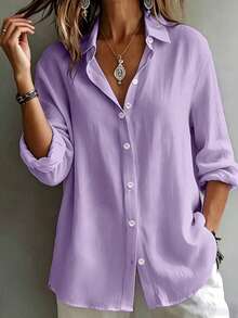 Women's Plus Size Solid Color Rolled Sleeve Long Front Button Shirt Blouse - Purple - View 2