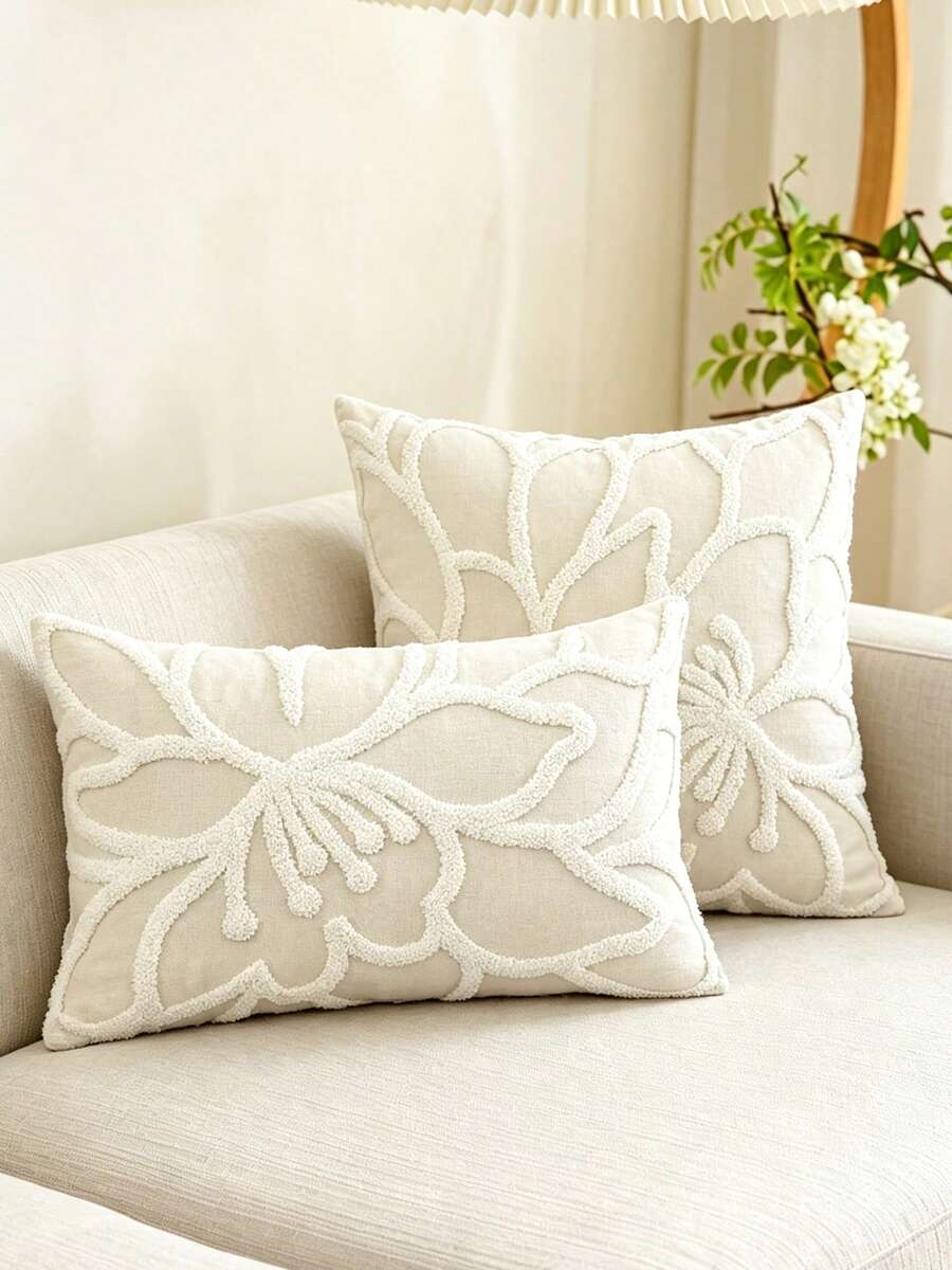 1件米色帆布與灰色刺繡花卉裝飾抱枕套，多尺寸適用室內裝飾，四季通用，僅含枕套（不含枕芯）
