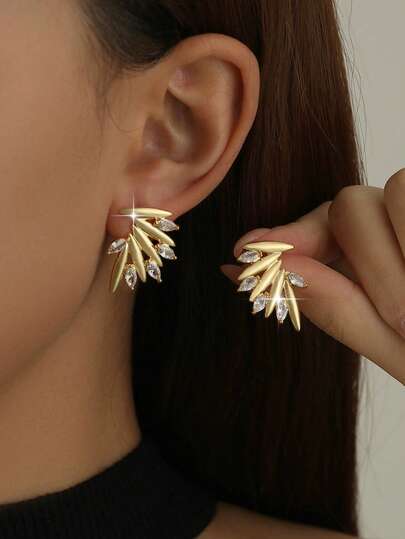 1pair Elegant Gold‑Plated Marquise Cubic Zirconia Wing Stud Earrings, Unique Sparkling Accessories For Bride Bridesmaid Wedding Party Daily Wear