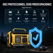 Este arrancador de batería para coche cuenta con un diseño multifuncional todo en uno, una presión de 150 psi y es ideal para actividades al aire libre. Incluye un cargador de emergencia, una bomba de aire, una luz LED y una gran pantalla digital. Arranque rápido de auto y inflado veloz,esenciales para viajar. - Amarillo - Ver 4
