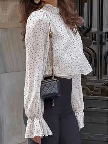 White Polka Dot Faux Collar Back Tie Bow Chiffon Blouse, Long Flared Sleeves, Pleated Layered Hem, Cropped, Summer - Black and White - View 7
