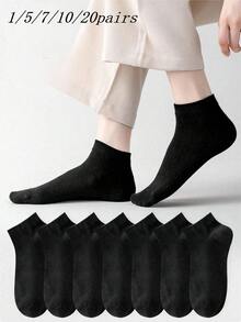 7 Pairs Unisex Pure Cotton Spring/Autumn Solid Color Minimalist Versatile Plus Size Fashion Short Socks - Black - View 7