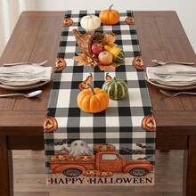1pc Halloween Pumpkin Ghost Bat Spider Web Truck Plaid Print Table Runner, Suitable For Holiday, Party, Birthday, Dinner, Restaurant Table Decor, Autumn/Winter Halloween Home Decoration - A - View 5