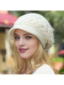 1pc Women's Soft Elastic Cable Knit Newsboy Cap, Short Brim Loose Warm Knitted Beanie, Windproof, Suitable For Daily Outdoor Travel, Autumn/Winter Accessory - Multicolor - View 5