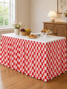 1pc Red & White Plaid Polyester Table Skirt, Farmhouse Style Rectangular Buffet Table Decor With Elastic Ruffle Edge, Suitable For Picnic, BBQ, Birthday Party, Wedding, Dessert Table And Holiday Decoration - Multicolor - View 5