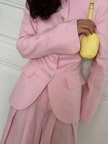 Casual Elegant Women's Pink Non-Stretch Button-Front Cardigan And Matching Wide-Leg Pants 2 Pieces Set - Pink - View 4