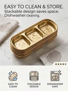6/3/1pc Gold Stainless Steel 3-Compartment Dipping Sauce Dish Set, Stackable For Easy Storage, Dishwasher , Kitchen BBQ Hot Pot Sushi Soy Sauce Side Dish Condiment Sauce Snack Plate - Multicolor - View 4