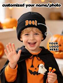 1 buah Topi Musim Dingin Kustom untuk Anak-anak, Topi Rajut DIY dengan Nama dan Foto Kustom, Topi Rajut Lembut dan Hangat untuk Anak Usia 3-8 Tahun, Hadiah Halloween yang Menyenangkan, Topi Tengkorak Hitam dengan Logo - MultiWarna - View 1