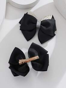 Korean Style Ear Bow Hair Clips, 2pcs/Set, Silver Glitter Fabric Pearl Decor, Side Fringe Clips For Girls And Students - Black - View 5