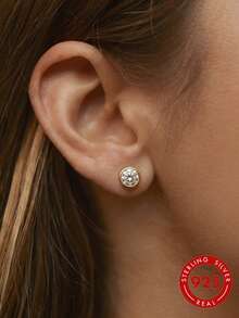 1 Pair S925 Sterling Silver Round Moissanite Stud Earrings, D Color Shiny Faux Diamond Earrings, Exquisite Jewelry For Daily Wear, Party, Wedding, Engagement, Perfect Gift For Girlfriend And Mother - Style B - Gold - View 3