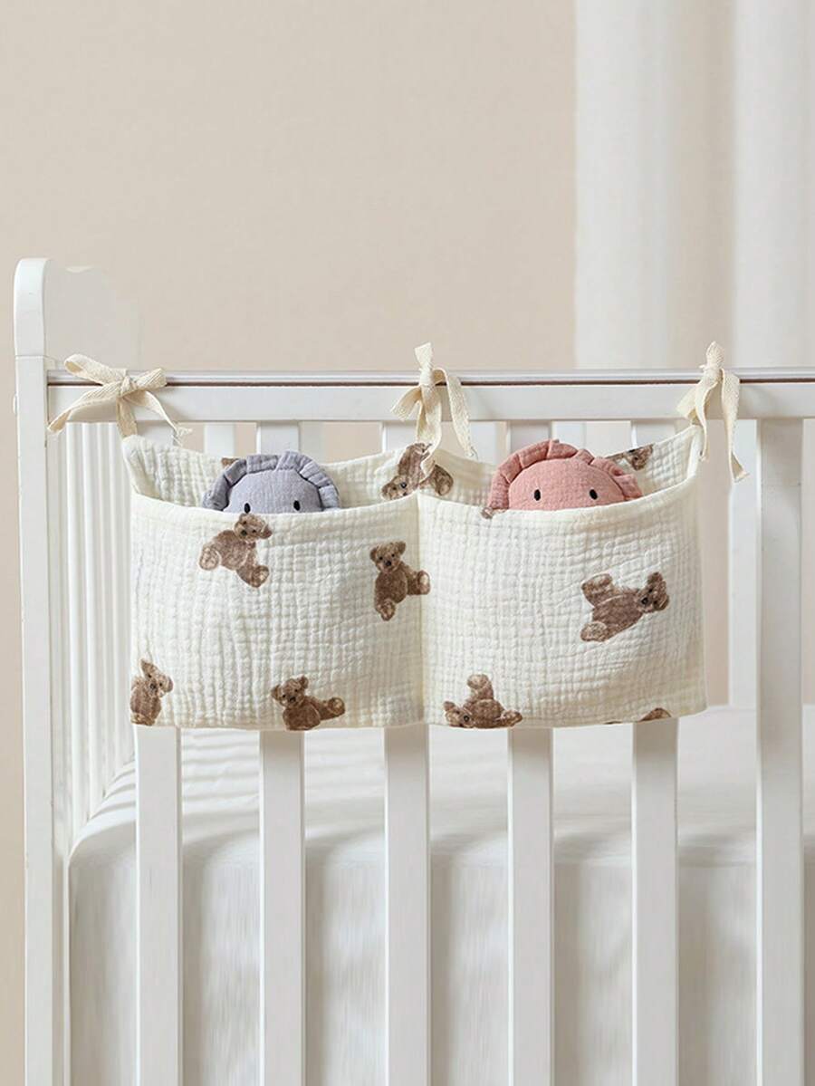 1pc Pure Cotton Baby Bed Hanging Storage Bag, Newborn Diaper & Toy Organizer, Multi-Functional Bedside Stroller Hanging Storage Basket, Suitable For Nursery - Multicolor - View 1