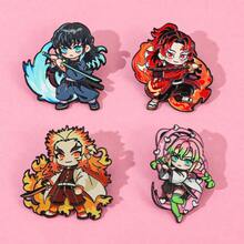 1/4/5pcs Anime Demon Slayer Enamel Pins & Keychain Set, Rengoku Tokito Mitsuri Tanjiro Zenitsu Metal Lapel Brooch Keyring Backpack Decor Gift For Fans - Multicolor - View 9