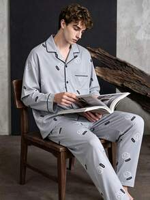 2pcs/Set Men's Long Sleeve Lapel Pajama Set, Loose Fit Comfortable Loungewear Cardigan, Suitable For Spring And Autumn - Light Grey - View 3