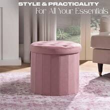 Round Velvet Folding Storage Pouffe Equipped With A Lid, Works As Multifunctional Ottoman For Home Use - Blush Pink - View 3