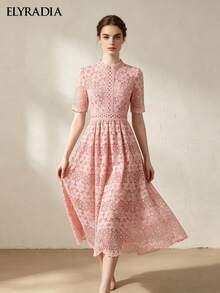 ELYRADIA Women's Elegant Pink Mid-Length Dress, Stand Collar A-Line Hollow-Out Water-Soluble Lace Wedding Guest Party Gown - Pink - View 4