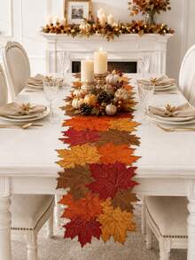 1pc Autumn Maple Leaf Shaped Linen Table Runner, Farmhouse Style Harvest Layered Leaf Dining Table Runner, Rustic Seasonal Table Centerpiece Decor, Suitable For Kitchen, Dining Room, Coffee Table, Thanksgiving Halloween Autumn Home Party Decoration - Multicolor - View 7