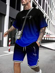 Men's Gradient Letter King Print Crew Neck Short-Sleeve Shorts Suit - Multicolor - View 4