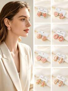 Assorted Random Styles, Cute Pink Enamel Stud Earrings Set, 5 Pairs/10 Pairs Random Sweet Heart, Flower, Star, Cherry Dangle Earrings, Hypoallergenic Stainless Steel Ear Pendant Jewelry, Women & Girls Daily, Vacation, Party Accessories - Pink - View 9