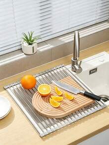 1Pc/2Pcs Foldable Metal Sink Drying Rack, Silicone Wrapped Edges To Prevent Scratches, Retractable Storage Draining Basket For Dishes, Fruits And Vegetables, Easy Installation, Suitable For Draining And Storage Above Kitchen Sink. - Random Color - View 10