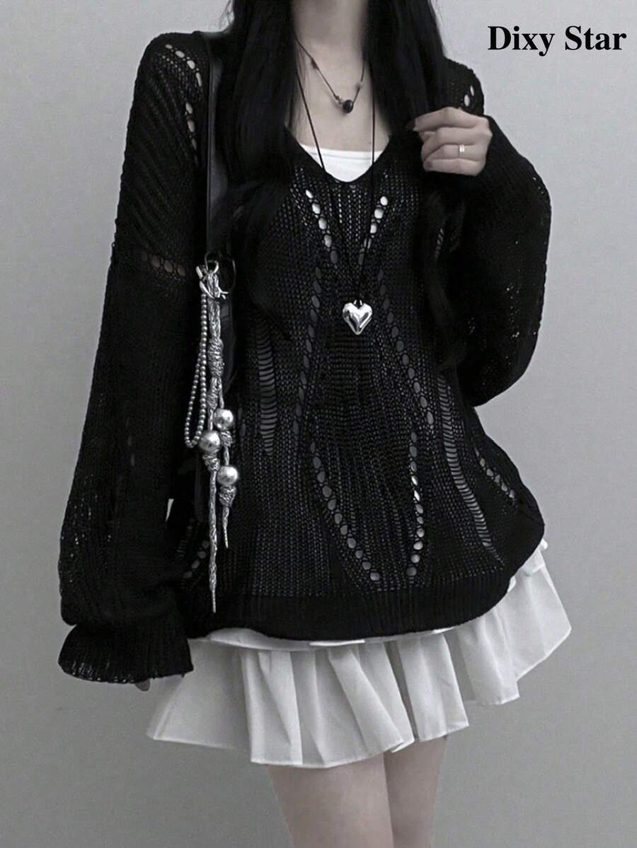 Slouchy Loose Hollow Out Thin Long Sleeve Knit V-Neck Cover-Up Top Black Fall - Black - View 1