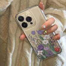 1pc Fashion Creative Full Screen Purple Floral & Leaf Painted Pattern High Transparency Phone Case, Anti-Drop Anti-Scratch Anti-Fingerprint Transparent TPU Soft Shell, Camera Lens Protection Compatible With Apple, Nothing, Pixel, - Multicolor - View 4