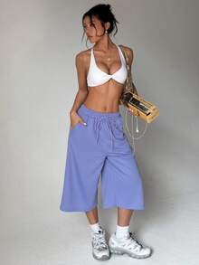 Lavender Elastic Drawstring Wide Leg Culottes, Summer Sporty Casual Y2K Gym Workout Cropped Pants For Running Holiday Streetwear - Purple - View 2