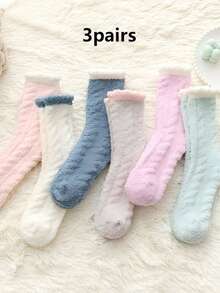 1/3/5/15 Pares de Meias Femininas de Textura Torcida em Fleece de Coral até a Panturrilha, Meias Macias e Felpudas para Casa, Sono e Chão, com Punho em Cor Contrastante, Meias Quentes de Inverno - Multicolorido - Visão 12