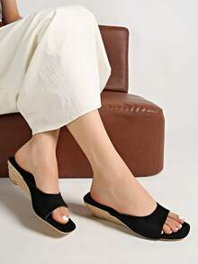 2026 Spring/Summer New Women's Faux Leather Mule Wedge Open-Back Sandals - Black - View 5