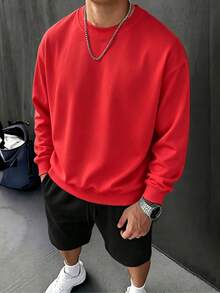 Solid Color Round Neck Sweatshirt For Men, 240g Pure Cotton, Basic Casual Long Sleeve Pullover For Daily Wear - 紅色3 - 查看 8