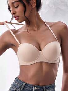 Women's Black Casual Bandeau Push-Up Bra, Medium Elastic Fabric, Seamless Support - Beige - View 7