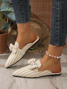 2026 Autumn/Winter New Khaki Striped Bow Pointed Toe Comfortable Lightweight Women's Half-Sling Shoes - Khaki - View 4