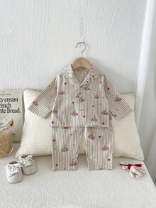 Miniweenns 2pcs/Set Unisex Baby Striped Base Long Sleeve Outfit, Collar + Buttons + Pockets, Circus Star Print - Khaki - View 12