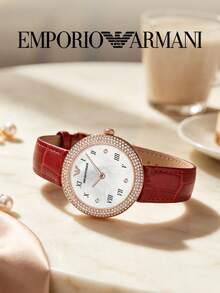 Armani Women's Rosa Series Quartz Watch Crystal Paved Bezel Mother‑Of‑Pearl Dial Wine‑Red Croc‑Embossed Leather Strap Ladies Watch AR11357 - Gold - View 3