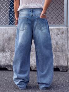 Men's Blue Geometric Pattern Loose Wide Leg Jeans - Blue - View 2