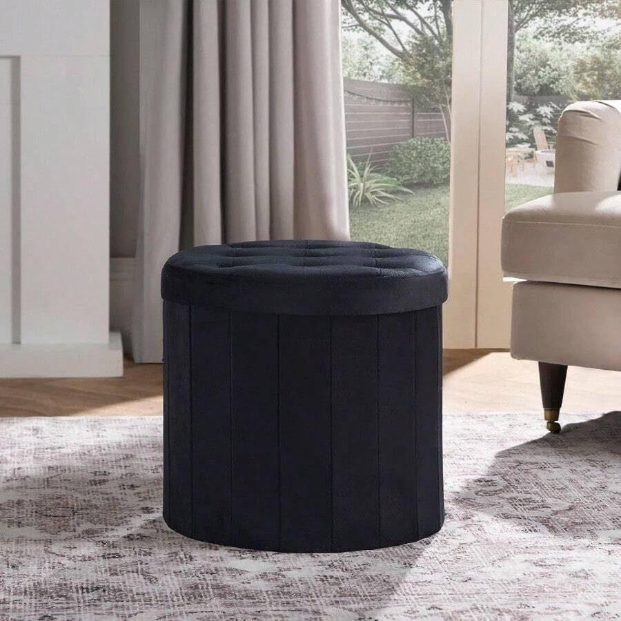 Round Velvet Folding Storage Pouffe Equipped With A Lid, Works As Multifunctional Ottoman For Home Use - Black - View 1