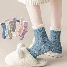 1/3/5/15 Pares de Meias Femininas de Textura Torcida em Fleece de Coral até a Panturrilha, Meias Macias e Felpudas para Casa, Sono e Chão, com Punho em Cor Contrastante, Meias Quentes de Inverno - Multicolorido - Visão 4